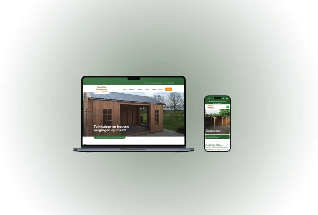 Mockut afbeelding van laptop en mobiel met de website van Hendriks Houtbouw