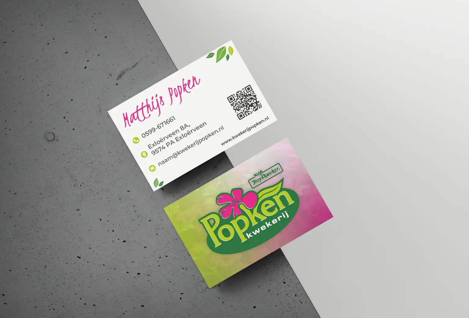 Mockup van visitekaartjes Kwekerij Popken